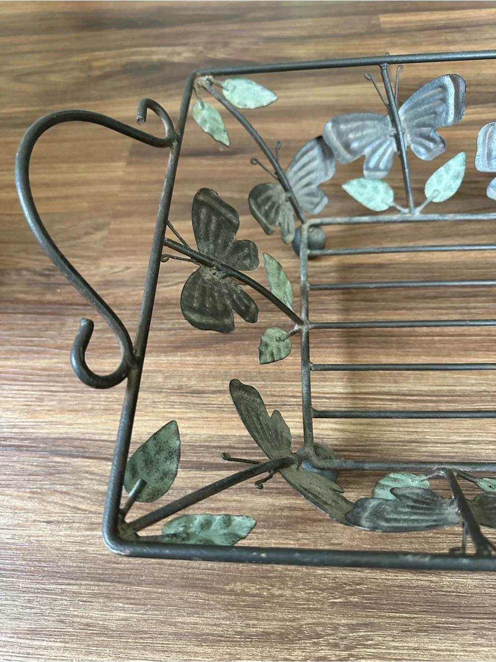 Vintage Wrought Iron Butterfly Caddy Tray Verdigris Metal Wire Basket